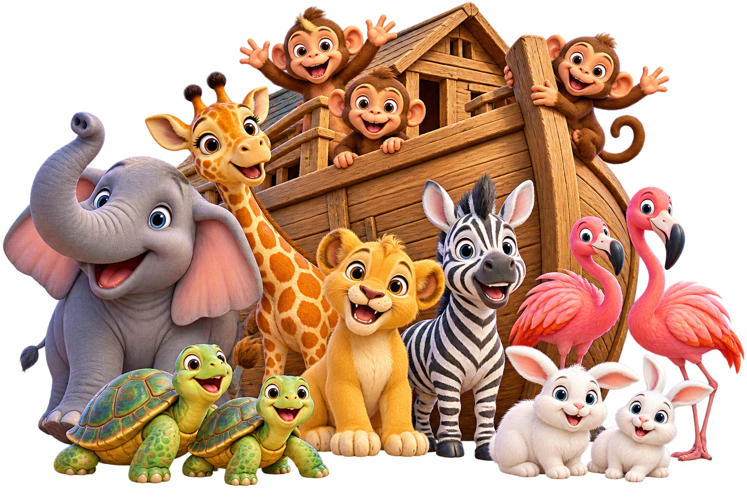 Happy Noah's Ark with cheerful monkeys, elephant, giraffe, lion, zebra, flamingos, turtles and rabbits